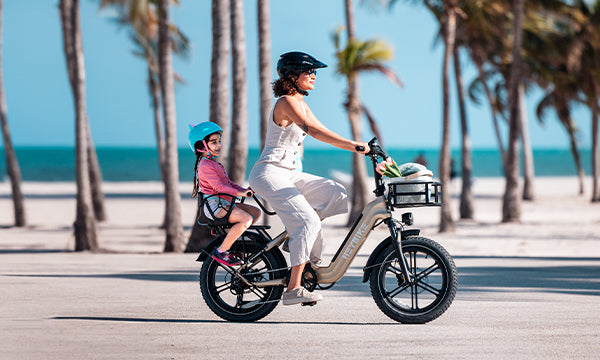 A mom is riding a Heybike Ranger S e-bike with her child