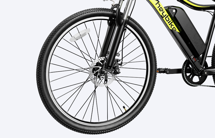 Close view of puncture resistant 27.5 inch tires of Heybike race max ebike