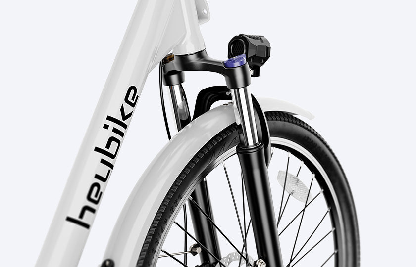 Close-up view of front suspension fork