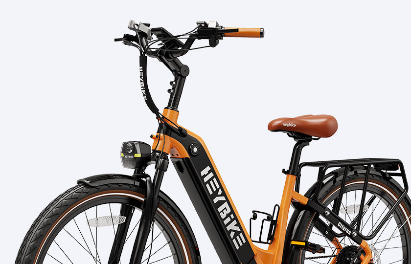 side view of Heybike Cityrun ebike, orange black color