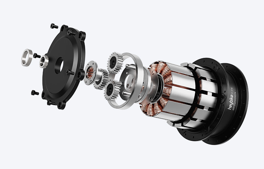 Detail view of Heybike's 500W motor for Sola e-bike