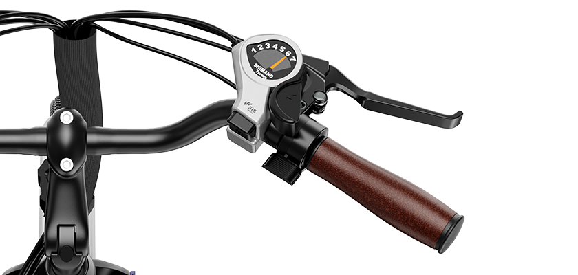 Close-up view of the right grip, shimano 7-speed, brake and controller of a Heybike e-bike