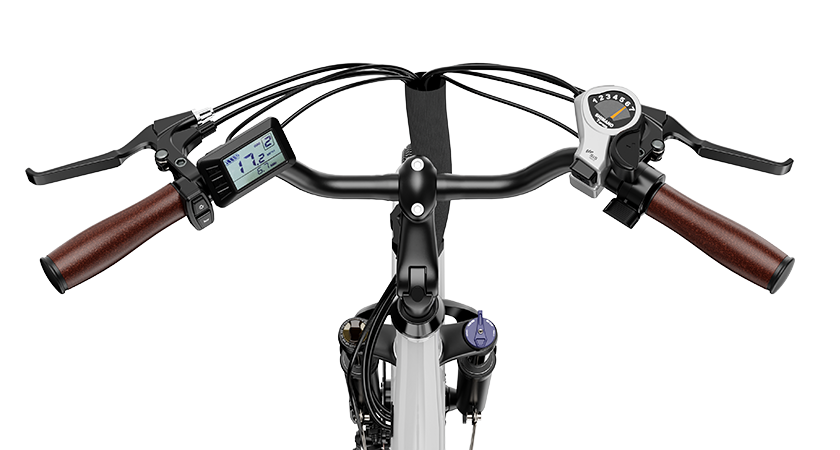 vertical view of handbar, include LED screen, 7 Speed Gear Shift, and throttle