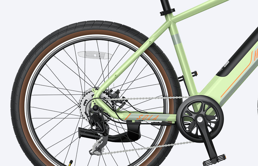 Close-up view of rear spoke wheel