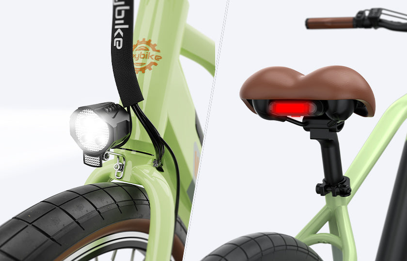 Close-up view of high-visibility LED headlight and taillight