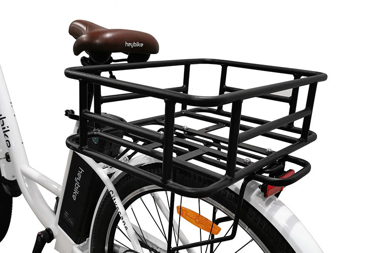 a large rear basket placed on ebike