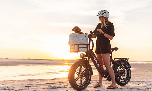 A woman with her dog is riding Ranger S fat tire e-bike on the beach