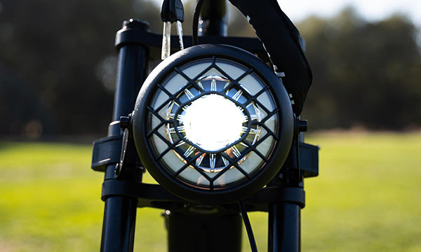 Close-up view of the headlight on the Brawn e-bike.