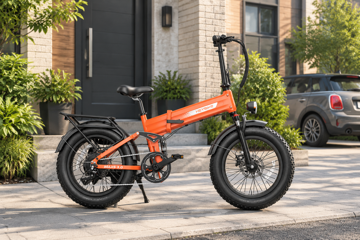 Orange Heybike Mars 3.0 folding fat-tire electric bike outside a modern urban home