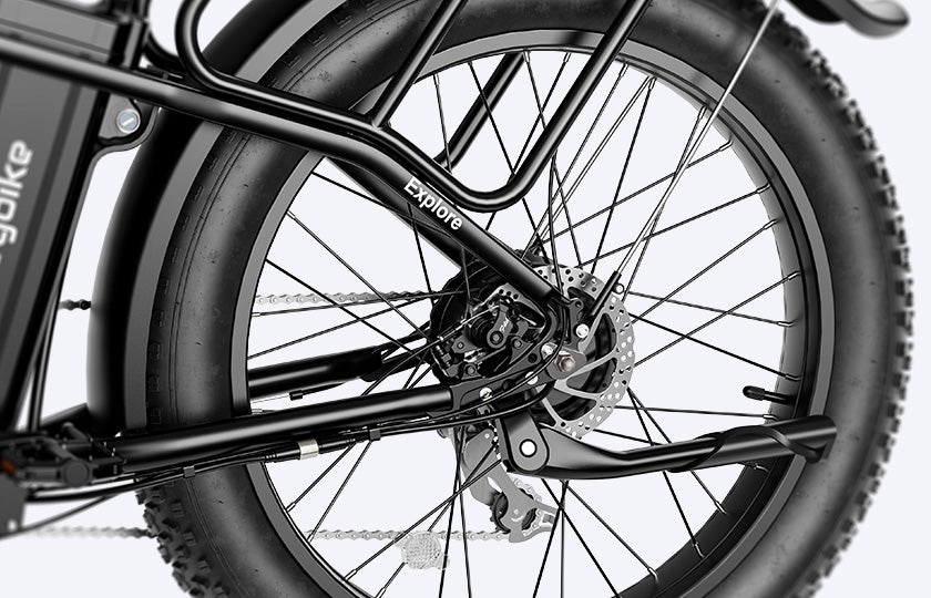 Detial view of dual disc brakes of Heybike Explore E-bike