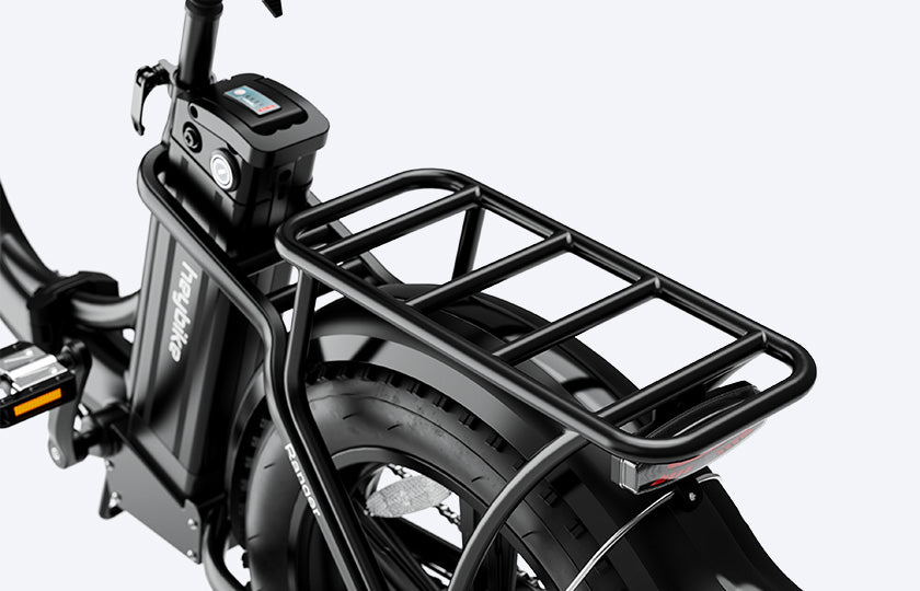 Close-up view of cargo rack and removable battery of Heybike Ranger ebike