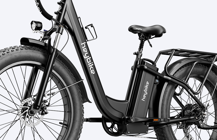 Close-up view of Black Sturdy Step-Thru Frame, Heybike Explore Ebike