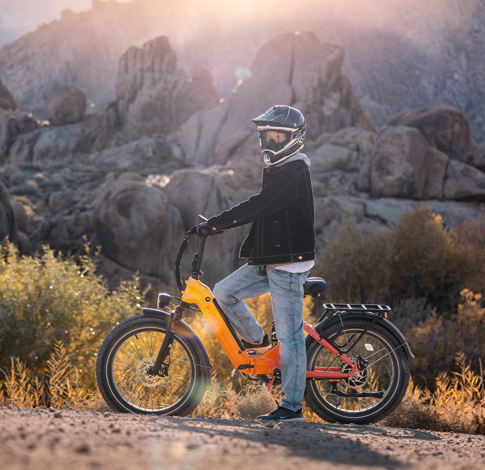 A man is ridning a Horizon eBike on Mountains.