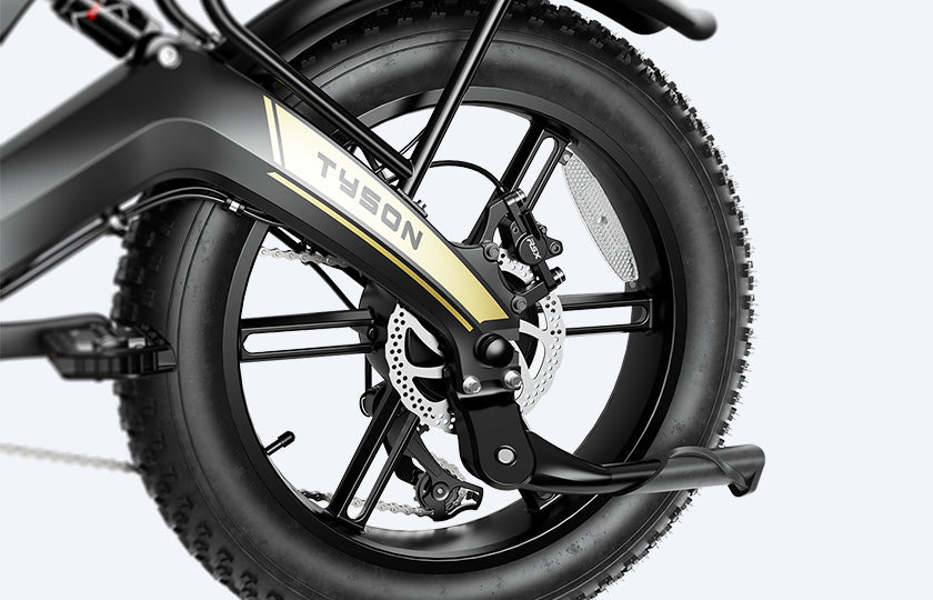 A close-up of the brakes on the Tyson e-bike