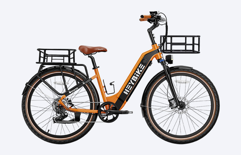 side view of cityrun ebike, which include rear rack and front basket