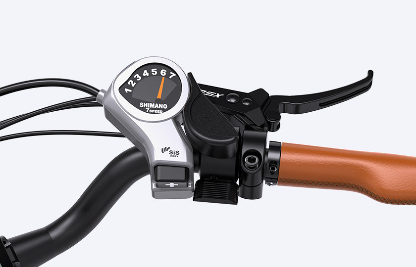 Close-up view of the right grip, LED screen, shimano 7-speed, brake and controller of a Heybike Cityrun e-bike