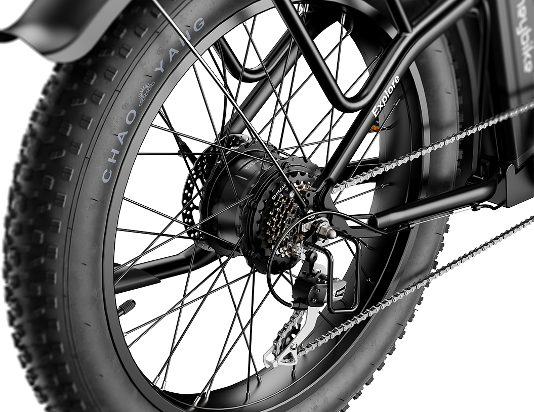 Close-up view of Efficient Brushless Motor, Heybike Explore bike