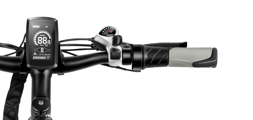 Close-up view of the right grip, throttle, brake and shimano 7-speed