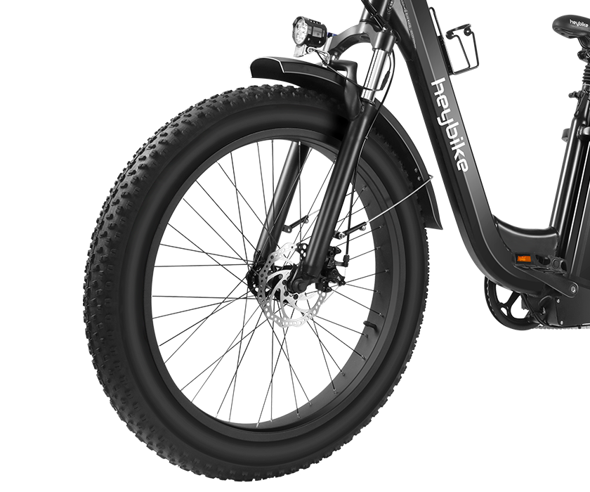 Close-up view of 26 inch x 4 inch resistant fat tire, Heybike explore ebike