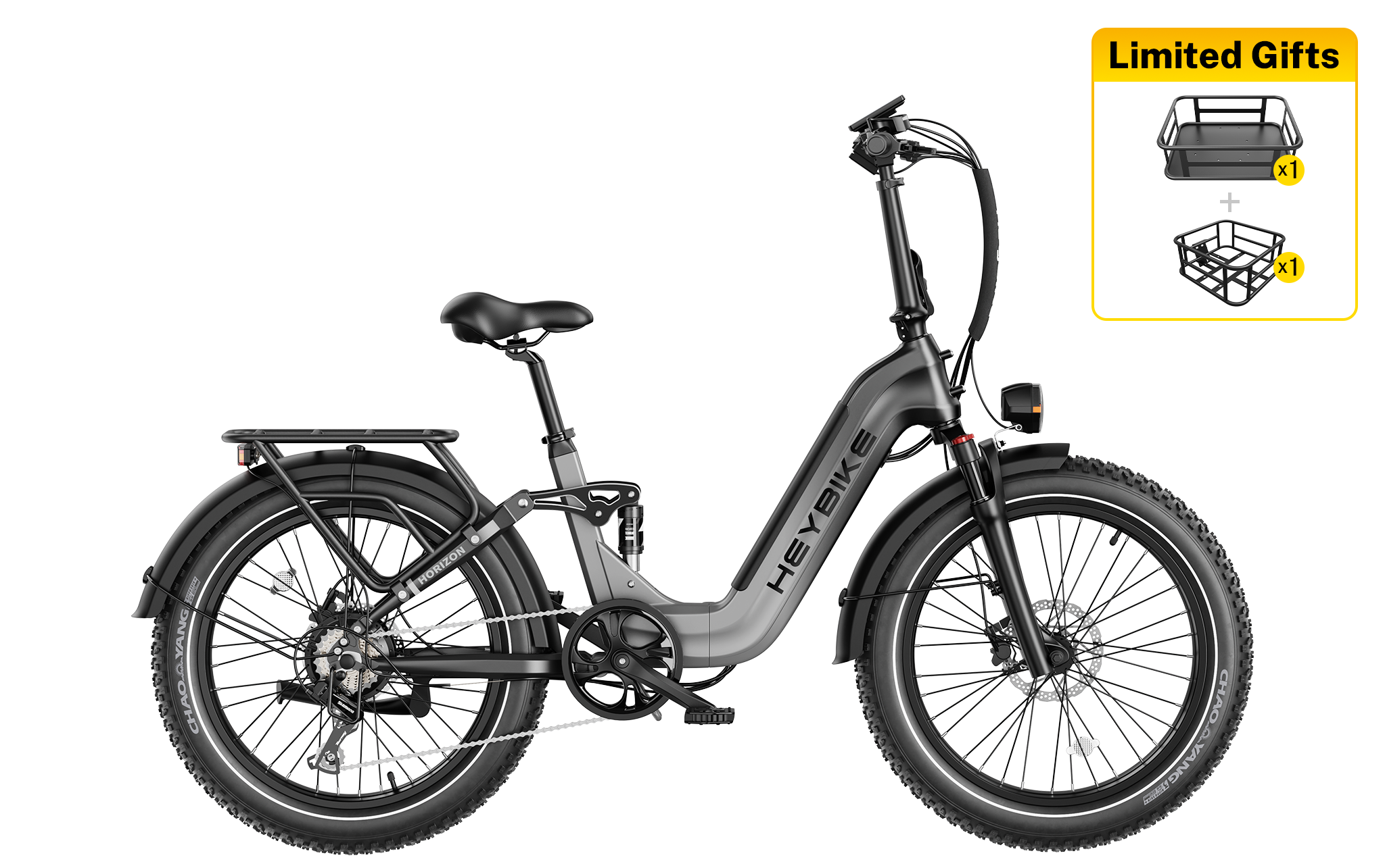 Heybike Horizon Folding Fat Tire E Bike Full Suspension 1400W Peak Motor 80N.m Torque 330 lbs Max Load 55 Miles Max Range