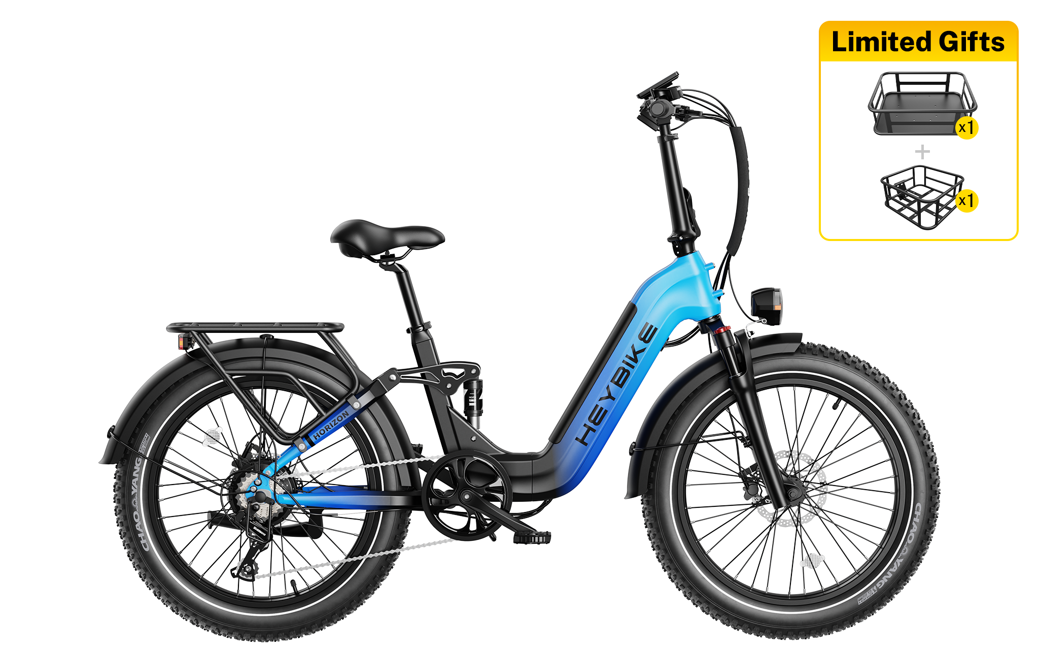 Heybike Horizon Folding Fat Tire E Bike Full Suspension 1400W Peak Motor 80N.m Torque 330 lbs Max Load 55 Miles Max Range