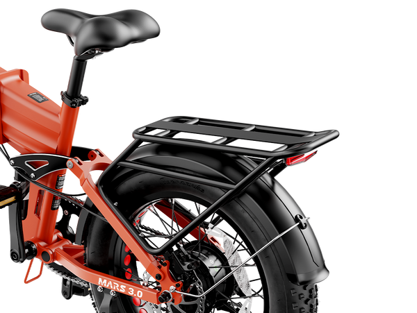 Rear suspension, fat tire, fender and cargo rack on the Heybike Mars 3.0