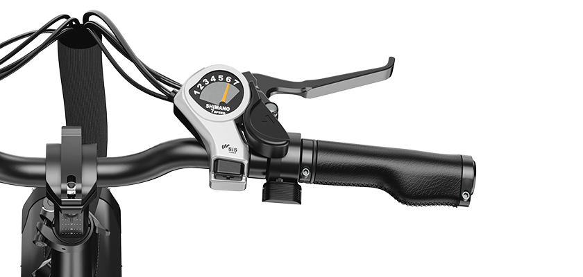 Close-up view of the right grip, shimano 7-speed, controller and throttle of a Heybike e-bike