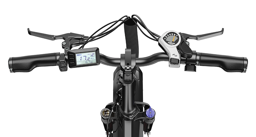 vertical view of handbar, include LED screen, 7 Speed Gear Shift, and throttle