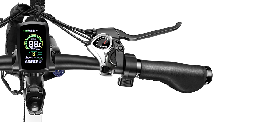 Close-up view of the right grip, LED screen, shimano 7-speed controller, brake, and throttle