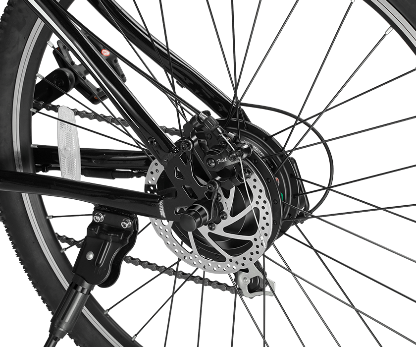 Close-up view of dual-disc brake of heybike race max ebike